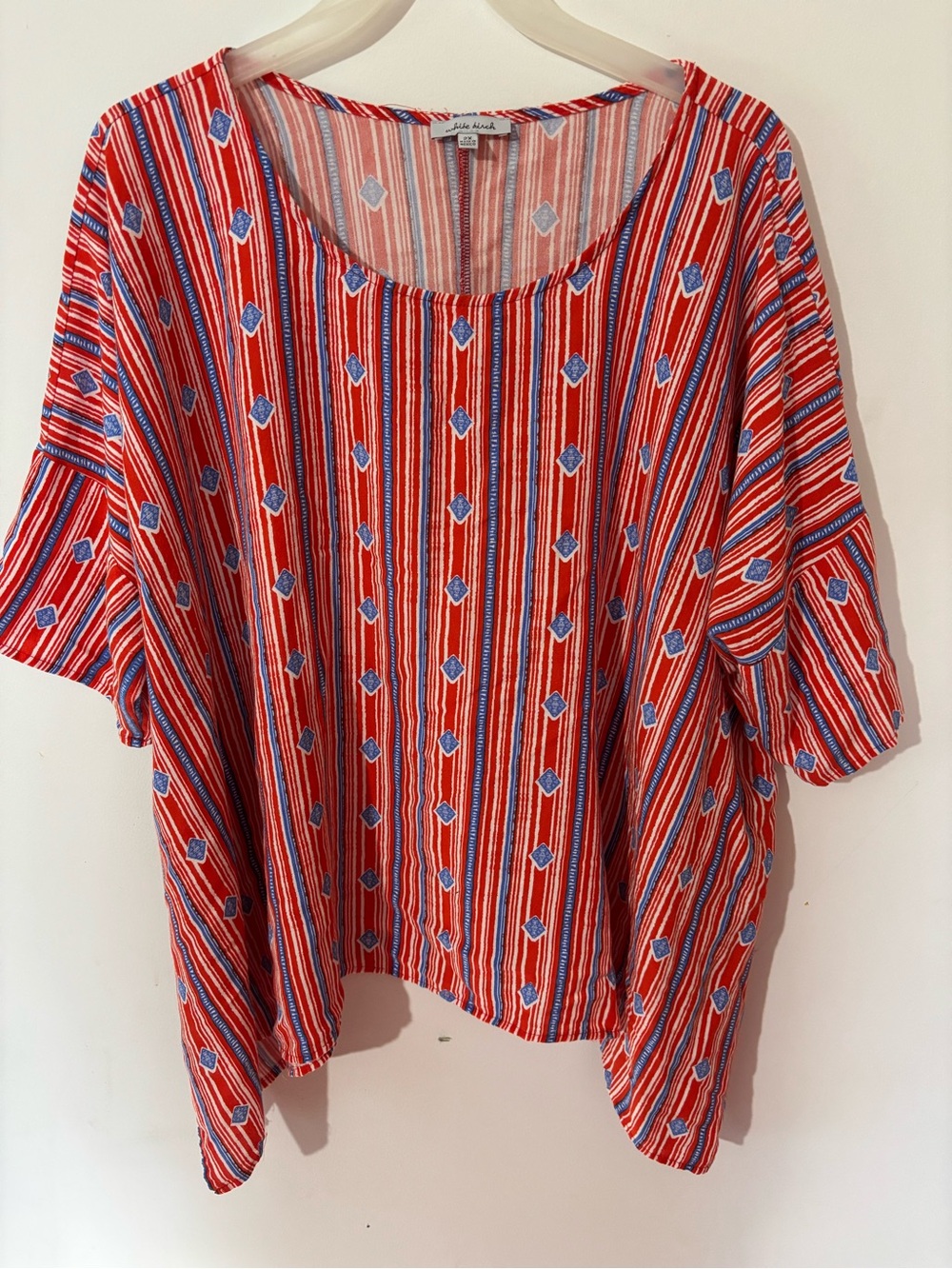 white birch Red Striped Tunic with Blue Diamond Motifs Poncho Blouse